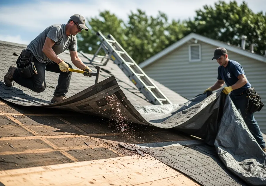 Roof tear-off in progress